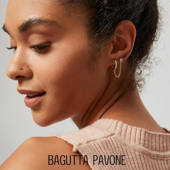 Elegant 18K Gold Plated Sterling Silver Double Piercing Chain Earrings with Cubi - Picture 7 of 7